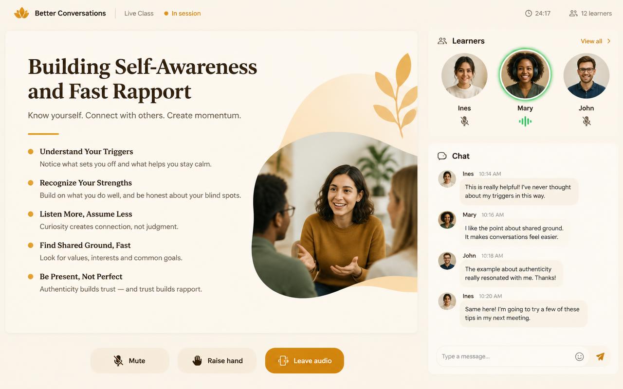 A live class in session: the AI teacher's slide on screen, learner photos down the side, and live chat